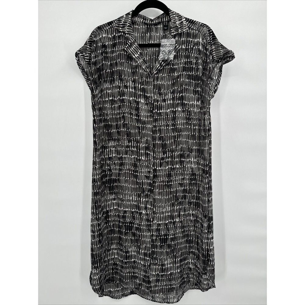 H by HALSTON Button-Down Short Sleeve Shirt Dress, Black & White Abstract XSP